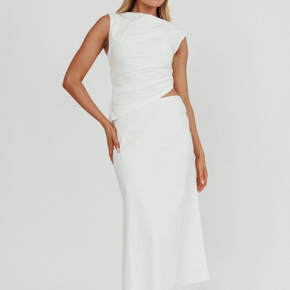 Boat Neck Cut Out Midi Dress White